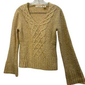 Sleeping on snow Anthropologie tan cream marl speckle cable knit sweater v-neckM